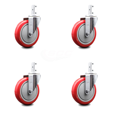 SERVICE CASTER 5 Inch Red Polyurethane Wheel Swivel 3/4 Inch Square Stem Caster Set SCC SCC-SQ20S514-PPUB-RED-34-4